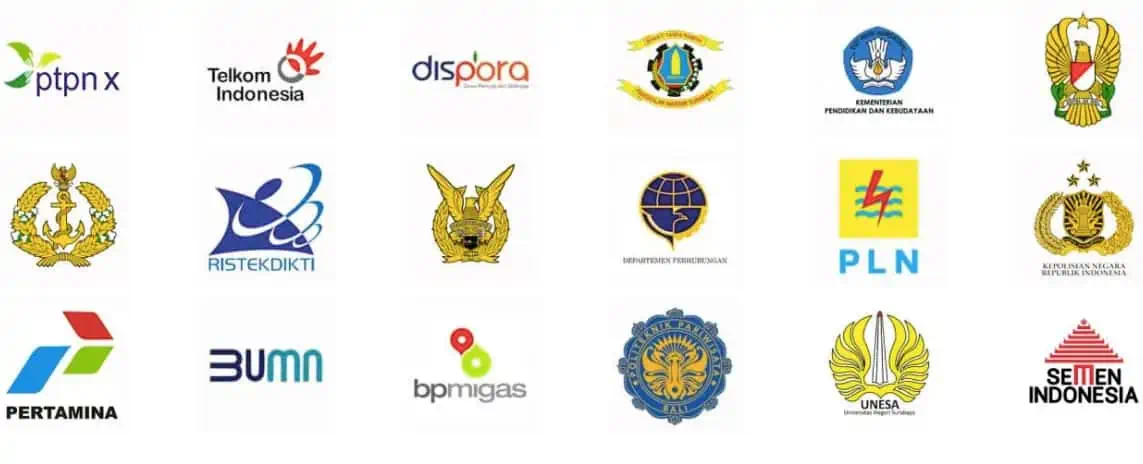 Deretan logo perusahaan dan instansi mitra, termasuk PTPN X, Telkom Indonesia, PLN, dan Pertamina